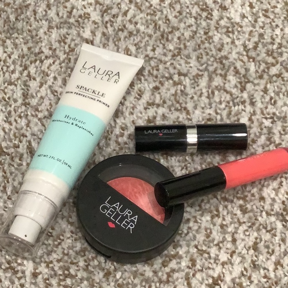 Laura Geller Makeup Bundle: Spackle Primer, Blush, Lip Gloss, Lipstick — NEW